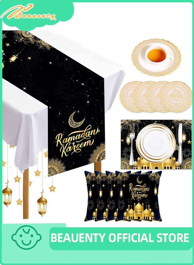 بيوينتي Beauenty رمضان ديكورات للمنزل، 13pcs رمضان ديكورات الطاولة مع رمضان طاولة رانر وغطاء الوسادة الزخرفية والكوستر والمساحة للإسلام المسلم ديكورات الطاولة الاحتفالية - Image 1